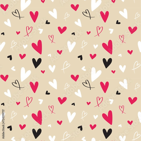 Fototapeta Red and white love heart seamless pattern hand-drawn illustration. Cute romantic chaotic hearts on a black background. Valentine's Day holiday backdrop vector.  Print on textile. Wrapping paper