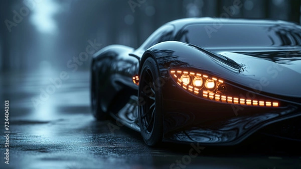 Obraz Racing sports car on neon highway. Powerful acceleration of a supercar on a night track with colorful lights and tracks. Blur at high speed. The light trail from the headlights.