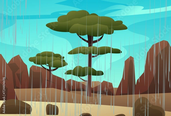 Fototapeta Summer rain in rocks desert. Landscape with rain weather. Jets of water pour from the sky. Cartoon fun style. Flat design. Vector.
