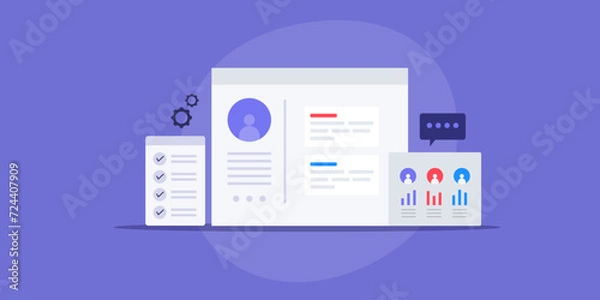 Fototapeta Project management and team user collaboration software, task accomplishment, plan, schedule and distribution workflow business technology vector illustration.