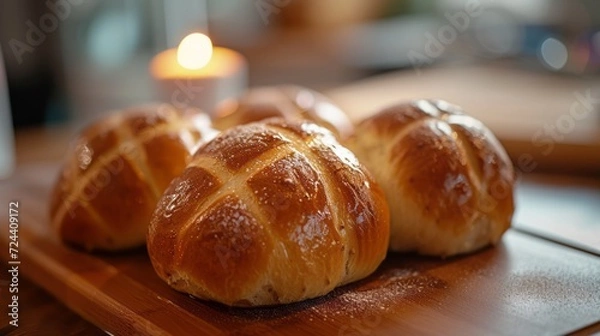 Fototapeta homemade hot cross buns served on the plate on the table for Easter, spring