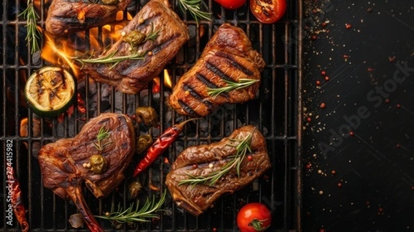 Fototapeta Delicious grilled meat with vegetables sizzling over burning coals on a barbecue on a dark background