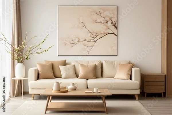 Fototapeta Modern minimalist living room with beige sofa and pillow and japanese style poster hanging on the wall. Living room home interior design.