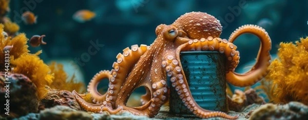 Obraz octopus and metal, plastic trash in ocean, pollution danger