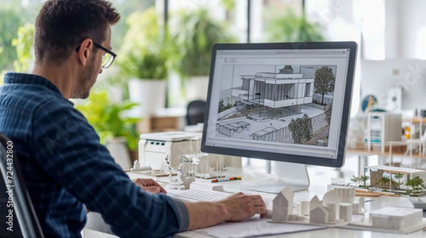 Fototapeta Civil engineer working on blueprints in front of a computer at his office desk.