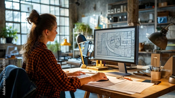 Fototapeta Architectural and engineering planning by a female professional at a computer desk.
