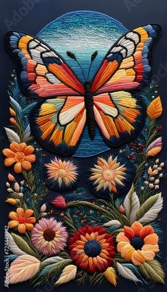 Obraz Butterfly Flower and the Sky Embroidery Art 