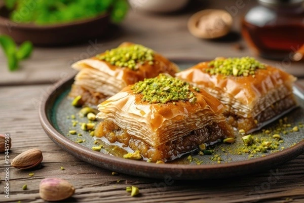 Fototapeta Baklava with pistachio nut on plate, layered pastry dessert made of filo pastry, and sweetened with syrup or honey