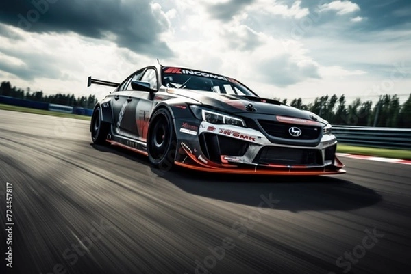 Obraz A car speeds along a race track on a cloudy day, engulfed in adrenaline and surrounded by a captivating atmosphere, Racer in a helmet driving a car on the track, AI Generated