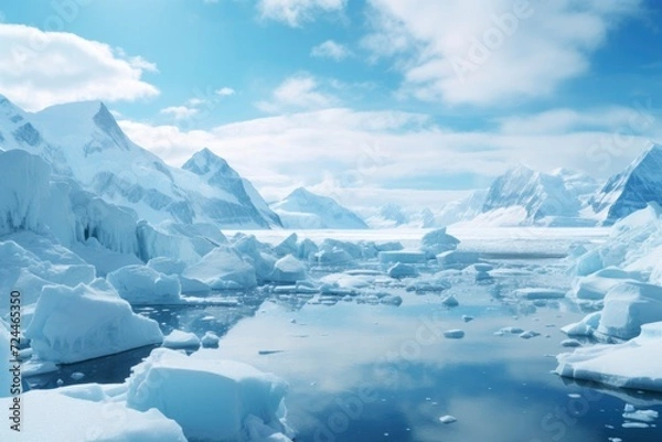 Fototapeta Vast ice formations and floating icebergs under the bright Antarctic sun, with a mirror-like sea.