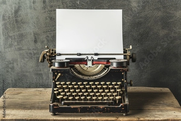 Obraz Generative AI, Vintage typewriter with old paper, blank paper mockup, retro machine technology, copy space