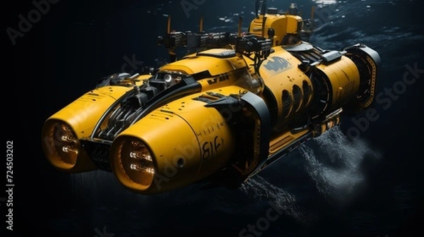 Fototapeta Luxurious private submarine exploring the deep ocean with majestic fish swimming alongside