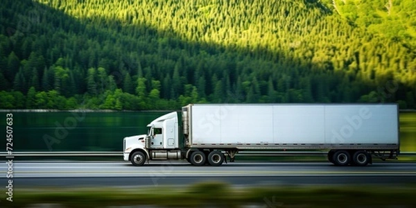 Obraz A large white semi truck was driving on the road near the lake. Commercial cargo semi-truck in a refrigerated semi-trailer along the road with green trees near the lake