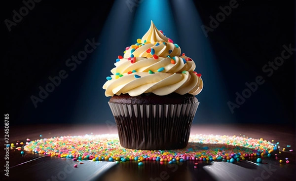 Fototapeta Cupcake sits at the center of an empty stage, spotlight highlighting its presence, colorful sprinkles scattered atop the creamy surface. Generative AI