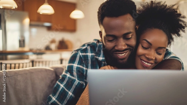 Fototapeta Couple using laptop, hugging and smile. 