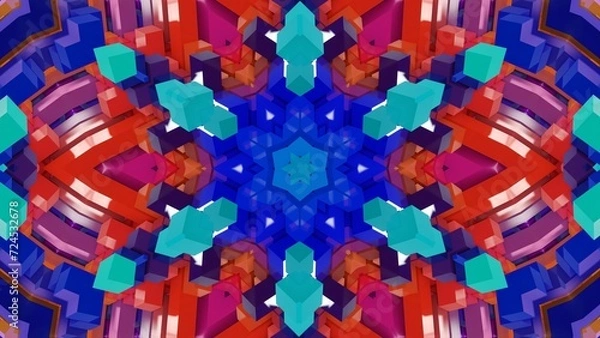 Fototapeta farbenfrohe symetrische Geometrie - farbige Quader, Fraktale, Perspektive, Flächen, Formen, Winkel, Körper, Symmetrie, blau, rot, lila, Rendering