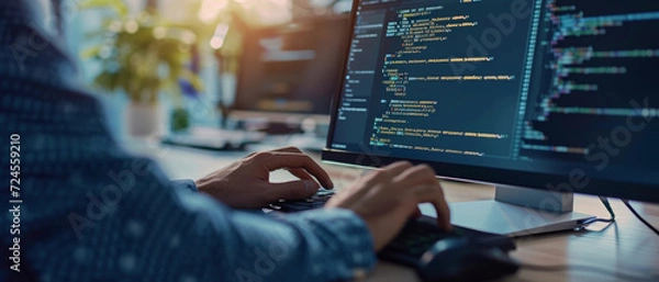 Fototapeta A focused programmer codes on a computer, his hands and the screen aglow with lines of code, symbolizing technological creation
