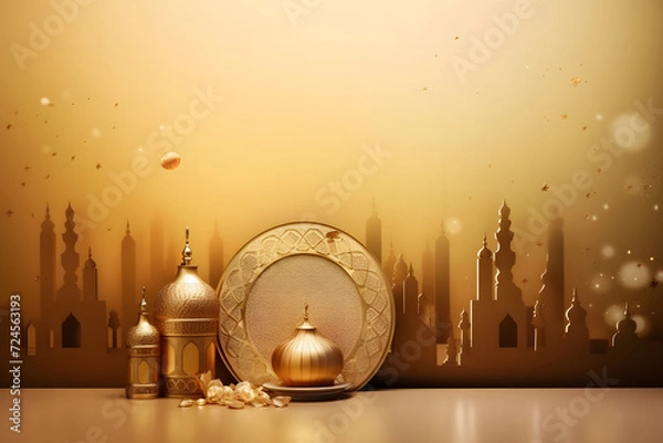 Fototapeta Eid poster design islamic elements golden color