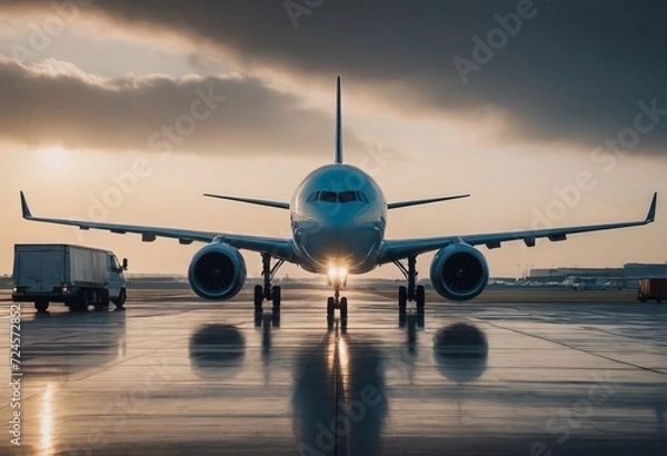 Fototapeta Passanger white plane lands. Airplane on the platform of Airport. Runway. Landing aircraft closeup. Mockup plane with place for text. Cloudy sky. Copy space.