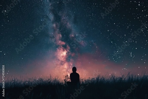 Fototapeta person’s silhouette is outlined against the backdrop of this celestial display