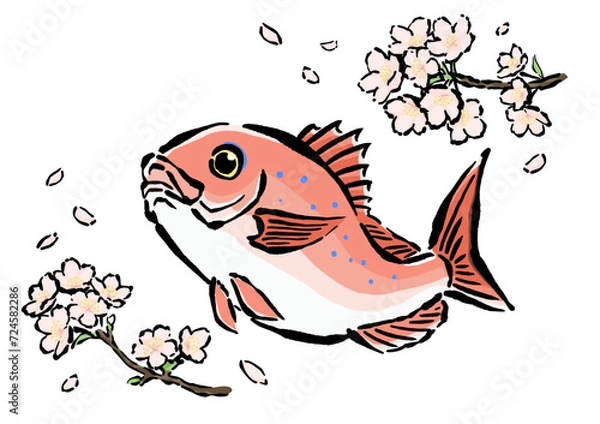 Obraz 跳ねるさくら鯛と桜の手書きイラスト素材　春のイメージ