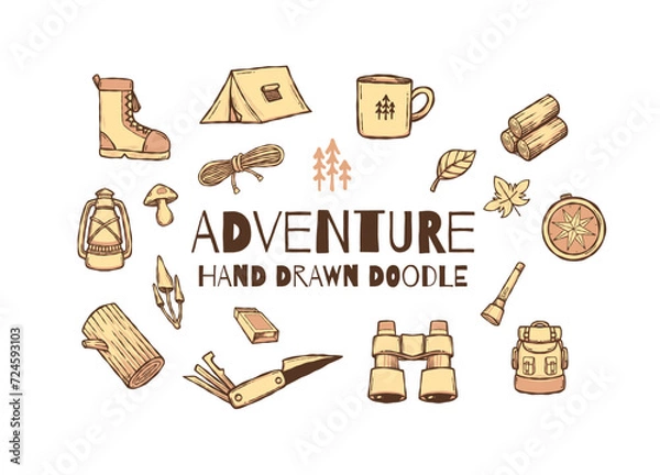 Fototapeta Hand drawn adventure doodle design elements vector illustration collection set