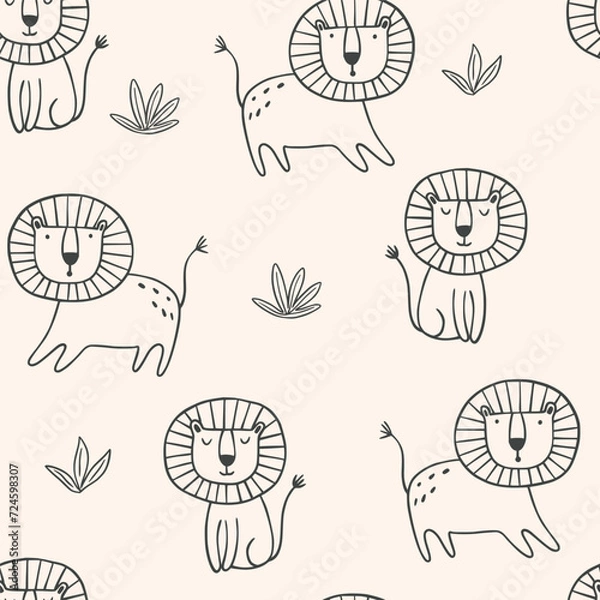 Fototapeta Vector seamless pattern with cartoon lion and leaves in Scandinavian style. Hand draw cute animals in sketch style. Doodle style line art. Jungle animals. Cute baby background.