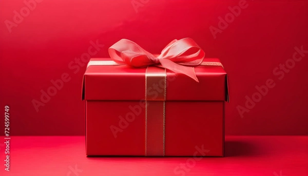 Fototapeta Elegant red Gift Box with red background on Wooden Table