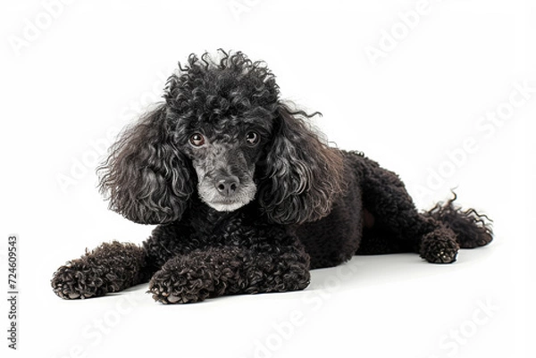 Fototapeta Elegant black poodle lying down on a white background, showcasing its curly coat and attentive expression.