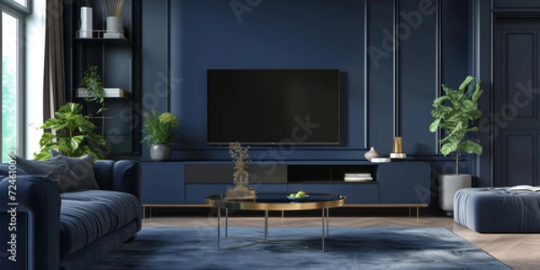 Fototapeta Modern Luxury Living:  A sophisticated living room with a navy blue color scheme, sleek furniture and a flat screen TV, evoking a sense of modern elegance and comfort.  