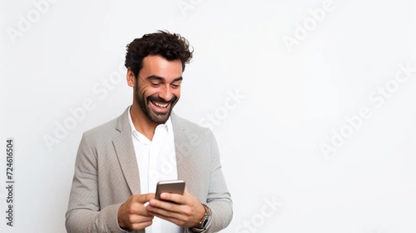 Fototapeta Energetic man looking into his mobile phone - ai generative
