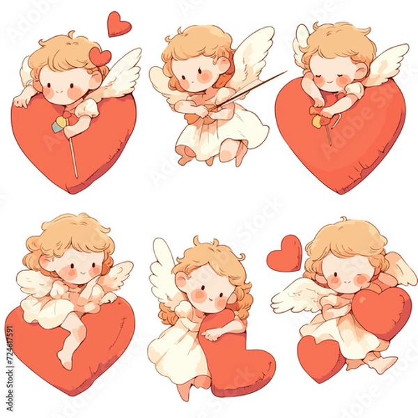 Obraz set of angels with hearts cute cupid isolate on white background generated AI