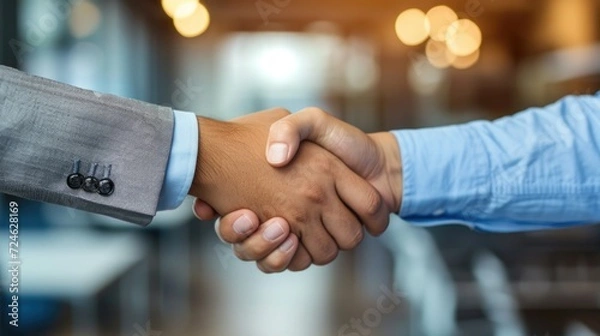 Obraz Two businessman are seen shaking hands in an a workspace or office. Successful dealing.