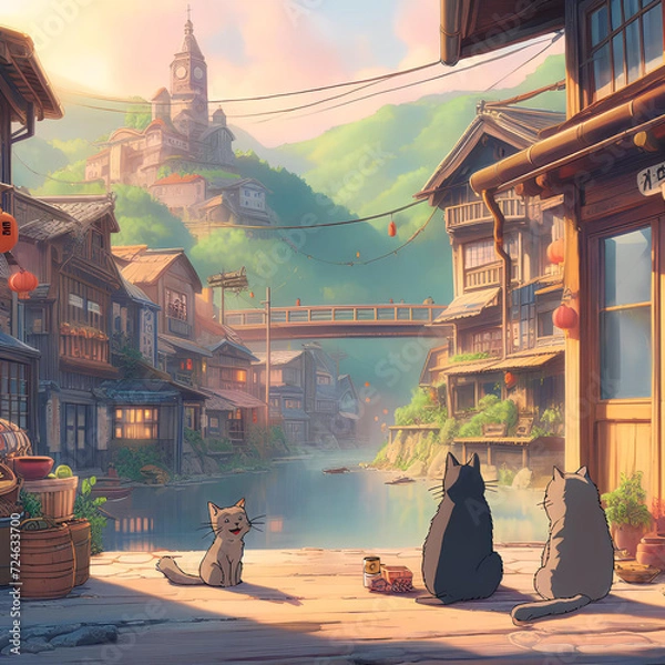 Fototapeta 夜明け前の街並みと屋台の前で遊ぶ猫たち