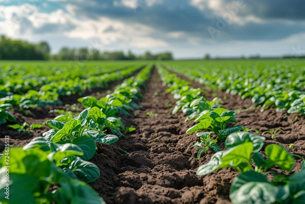 Fototapeta Close up of green crop rows in soil with cloudy sky
