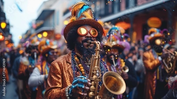 Fototapeta Vibrant Mardi Gras street parade. Jazz musicians in costumes and masks. Historic French Quarter buildings in background. Jazz Appreciation Month. AI Generative