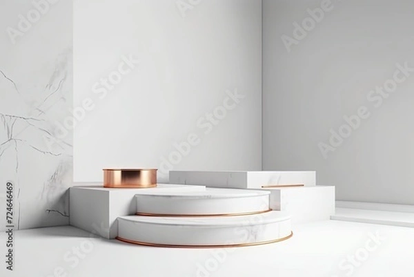 Fototapeta White background with empty podium in white and copper. White platform for product display, empty podium spot within for awards presentation Procure this product, please