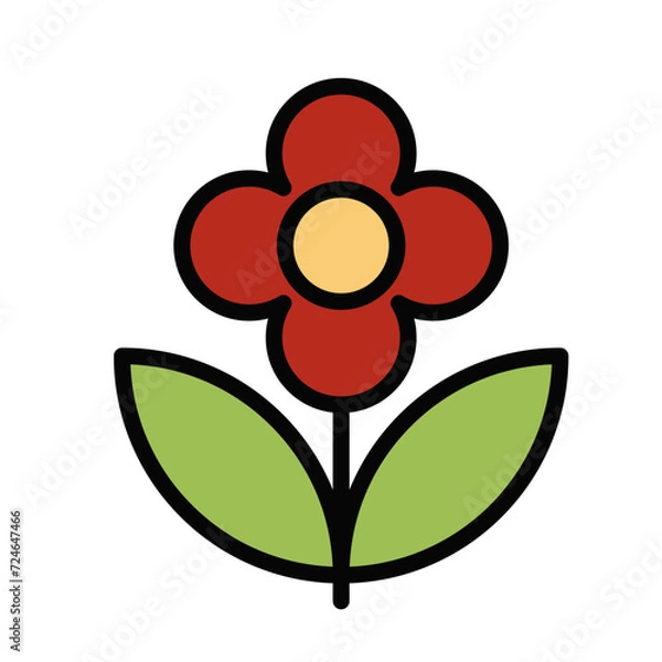 Fototapeta Red Flowers with Green Leaves. Outline Filled Color