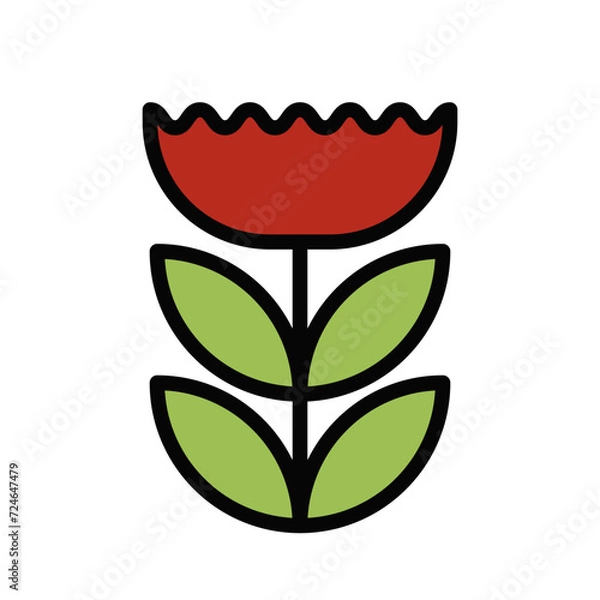 Fototapeta Red Flowers with Green Leaves. Outline Filled Color