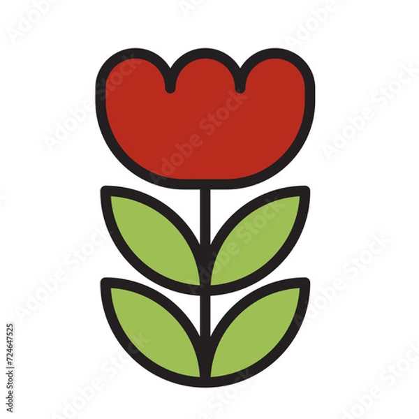 Fototapeta Red Flowers with Green Leaves. Outline Filled Color