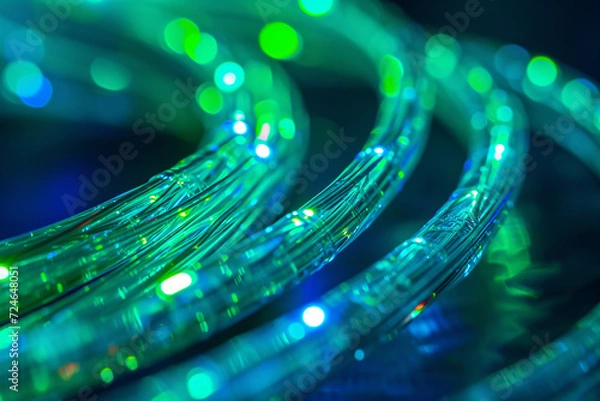 Fototapeta Curved fiber optic cables with blue and green lights