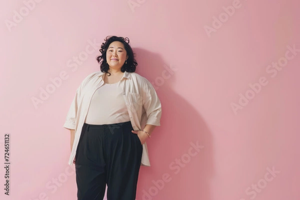 Fototapeta overweight asian woman against a light pink studio background with copy space