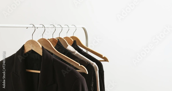 Fototapeta Modern rack with capsule collection in neutral black and beige colours. Beautiful minimalistic lifestyle banner with copy space for your text..