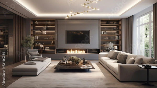 Fototapeta A large spacious living room in a modern style. Interior with a large gray sofa, coffee table, big windows, fireplace in front of the sofa in stylish home decor