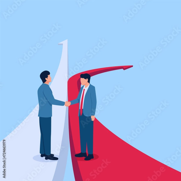 Fototapeta Two men want to shake hands but have different intentions, a metaphor for the failure of the merger. Simple flat conceptual illustration.
