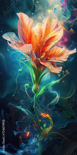 Fototapeta Beautiful painting of a flower dissolving into neon paint. Artistic illustration