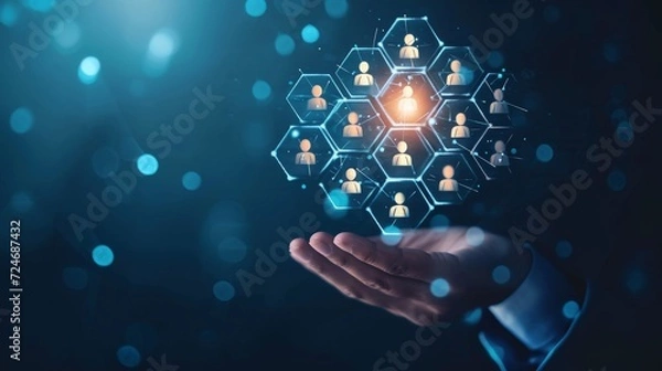 Fototapeta HR requirement . Abstract 3d human hand hold leader icon in hexagon on top of people pyramid. Manage human resources, team leader, recruitment process, change personnel, career growth, leadership