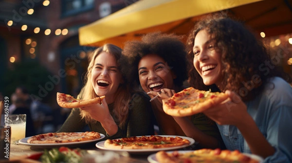Obraz Group of young women eating pizza in a pizzeria on the street