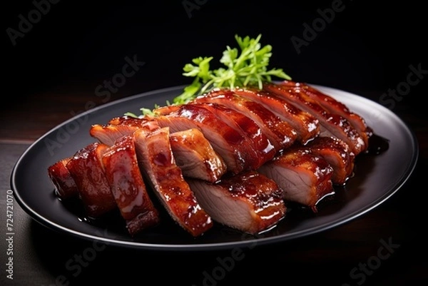 Fototapeta Thin slices of Char Siu, the delectably glazed Chinese barbecue pork, are meticulously arranged on an styled plate, creating a visually enticing display that captures the rich colors and succulent tex