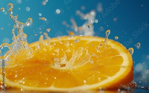 Obraz Orange splash water isolated on blue.